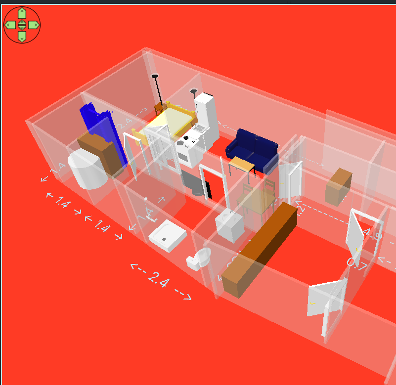 Vista 3D de vivienda con tabiques transparentes, baño, cocina y muebles colocados